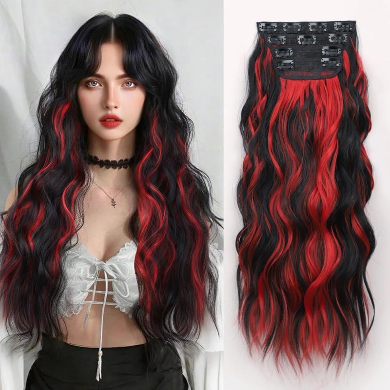 black and red clip in hair extensions