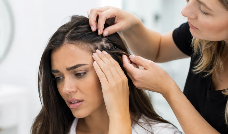Do Hair Extensions Ruin Your Hair? Damage Risks, Causes & Prevention 2 stylist checking hair extension tension near the client’s hairline