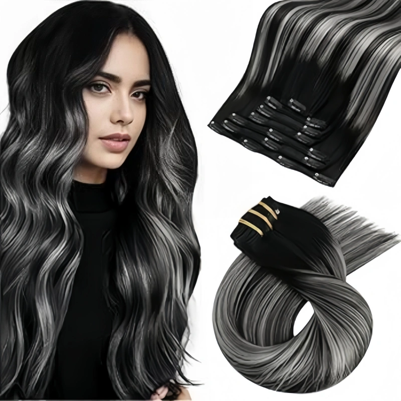 black and grey clip in hair extensions