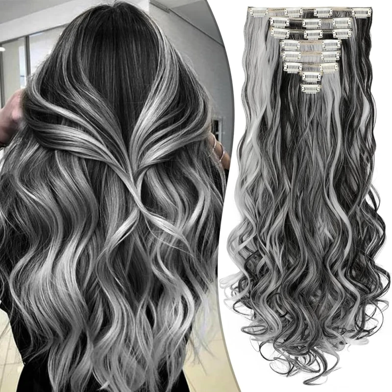 black and silver clip in hair extensions