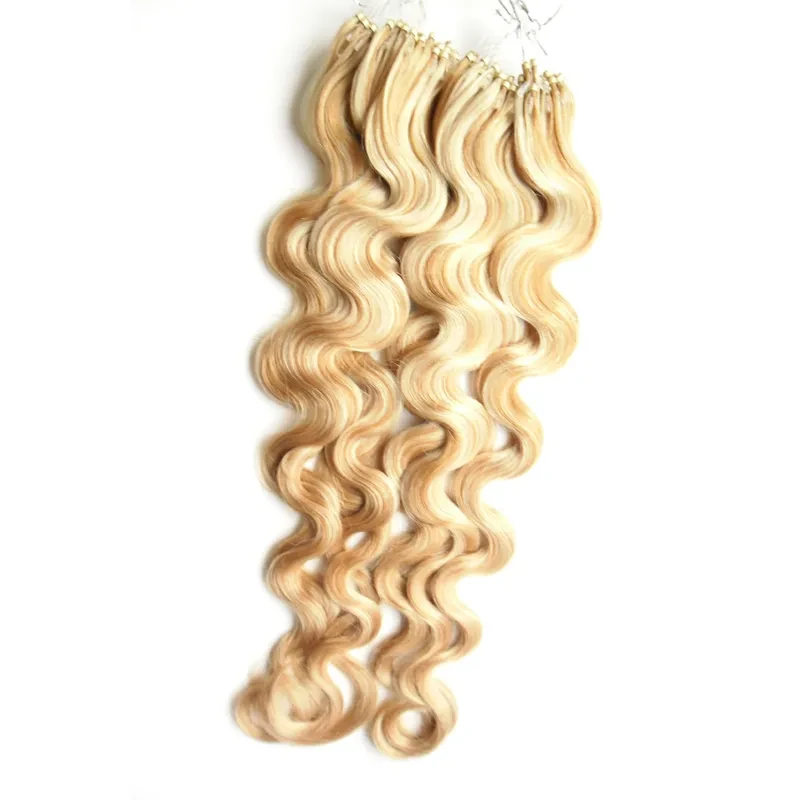 blonde curly micro link hair extensions