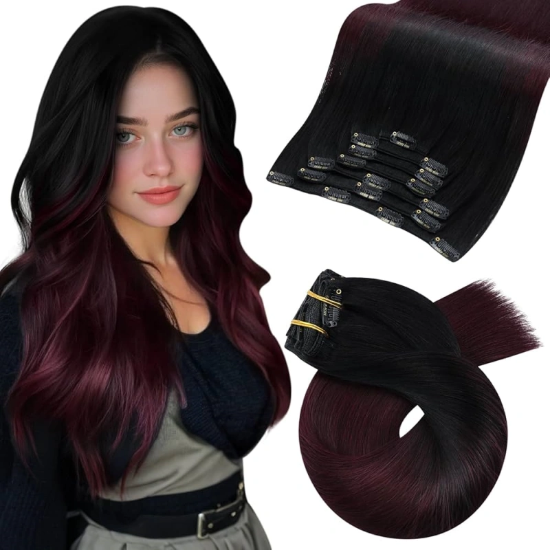 burgundy ombre clip in hair extensions