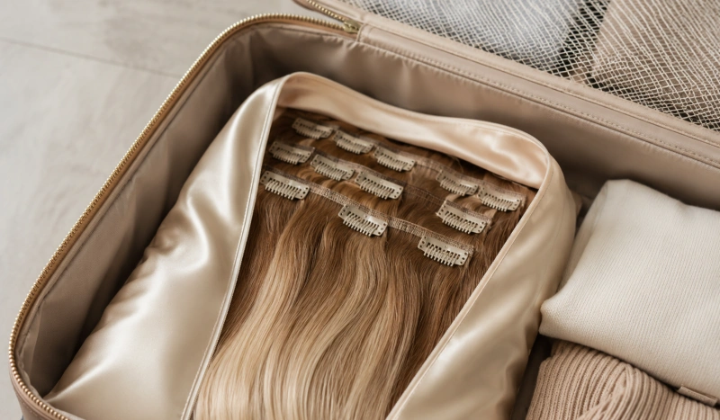 How to Store Clip in Hair Extensions for Lasting Quality? 3 clip in extensions packed for travel