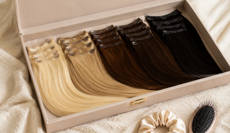 How to Store Clip in Hair Extensions for Lasting Quality? 2 clip in extensions stored in a flat box