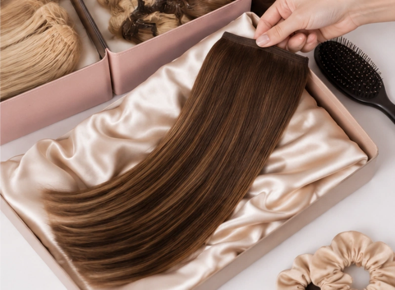 How to Keep Hair Extensions From Tangling: 10 Practical Ways 3 hair extensions brushed and stored flat in a smooth satin lined storage case
