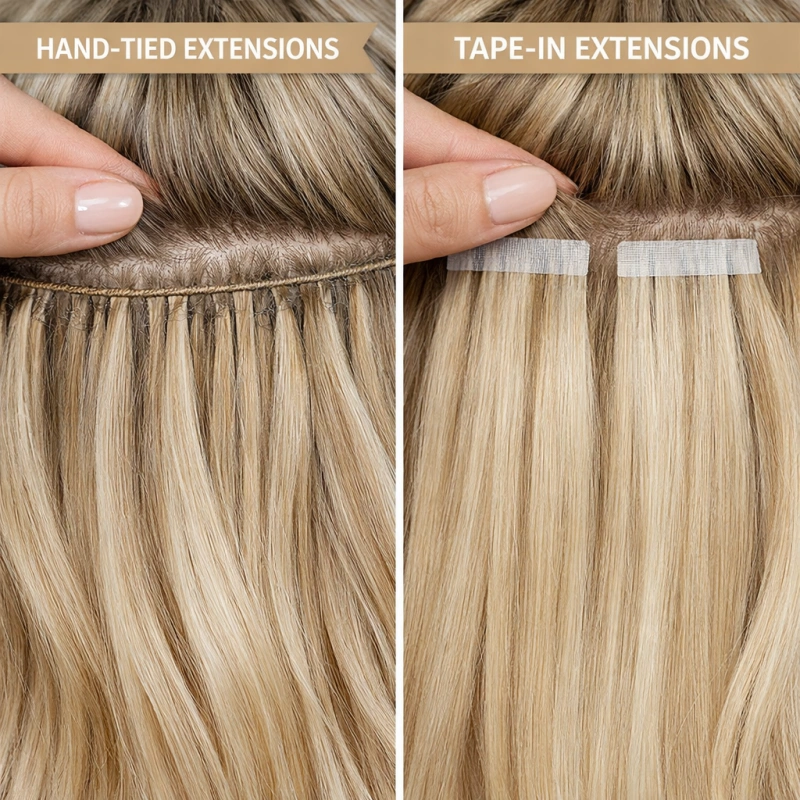 hand tied hair extensions vs tape in