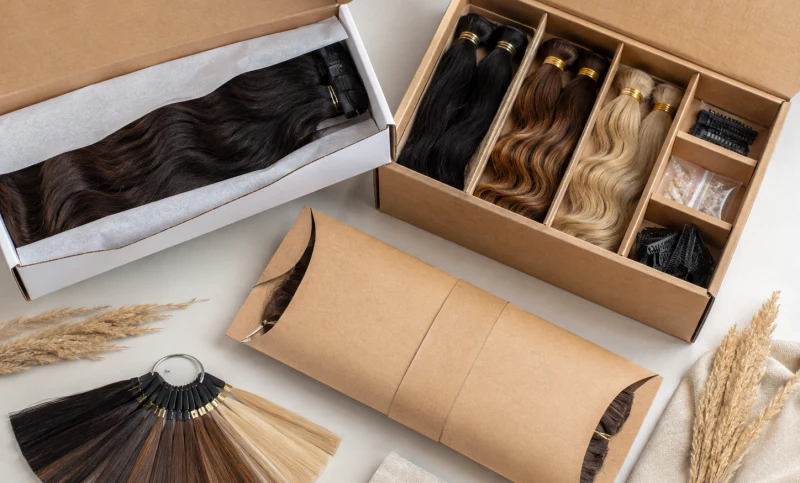 15 Hair Extension Packaging Ideas for Hair Brands & Salons 3 kraft hair extension packaging and sample kit