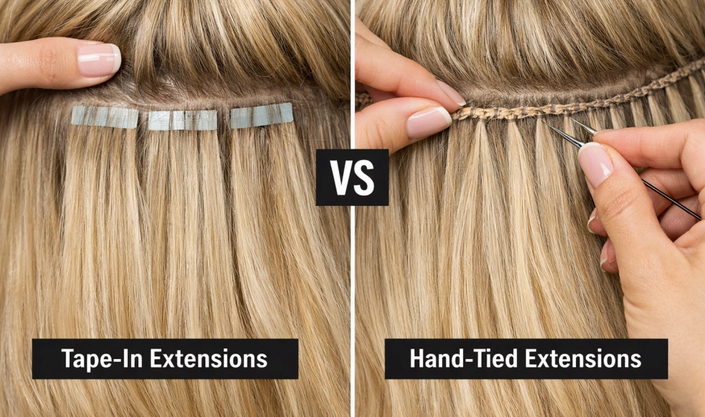Hand Tied Hair Extensions vs Tape IN: Which is Best for Your? 3 tape in hair extensions vs hand tied