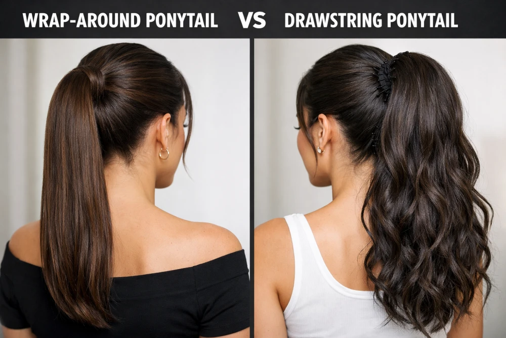 Drawstring vs Wrap Ponytail: Which is Best for You? 3 wrap around vs drawstring ponytail