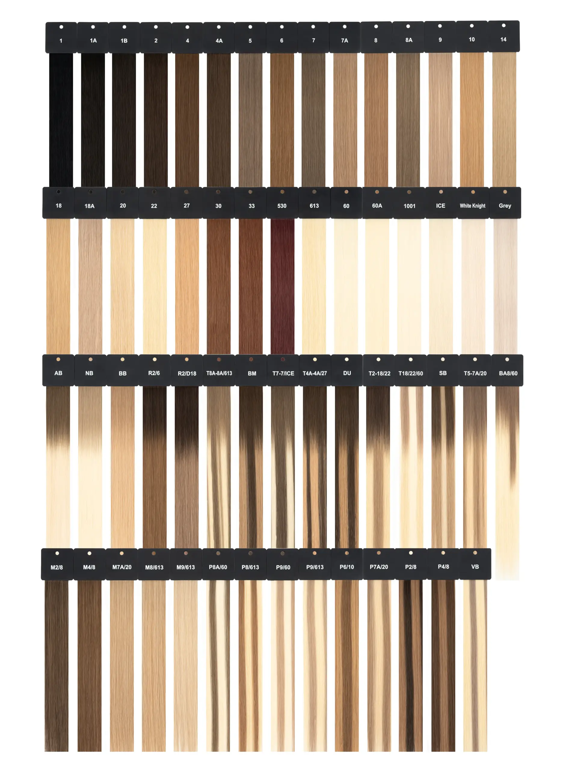 Alpha Hair Extension 2026 Color Ring — 59 Professional Shades from Jet Black to Platinum Blonde, Balayage and Ombre