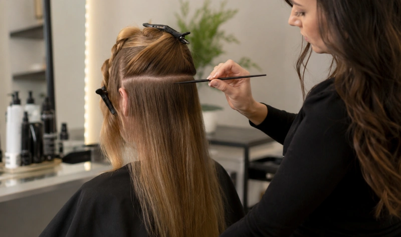 How to Install Hand-Tied Weft Hair Extensions: Step-by-Step Guide 1 stylist sectioning hair for hand tied weft installation