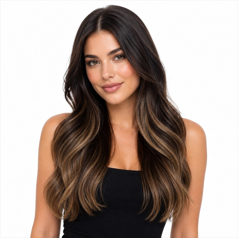 dark brown hair with light brown extensions