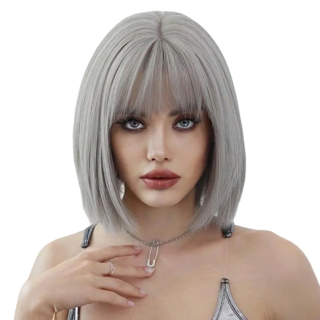 gray bob wig with bangs