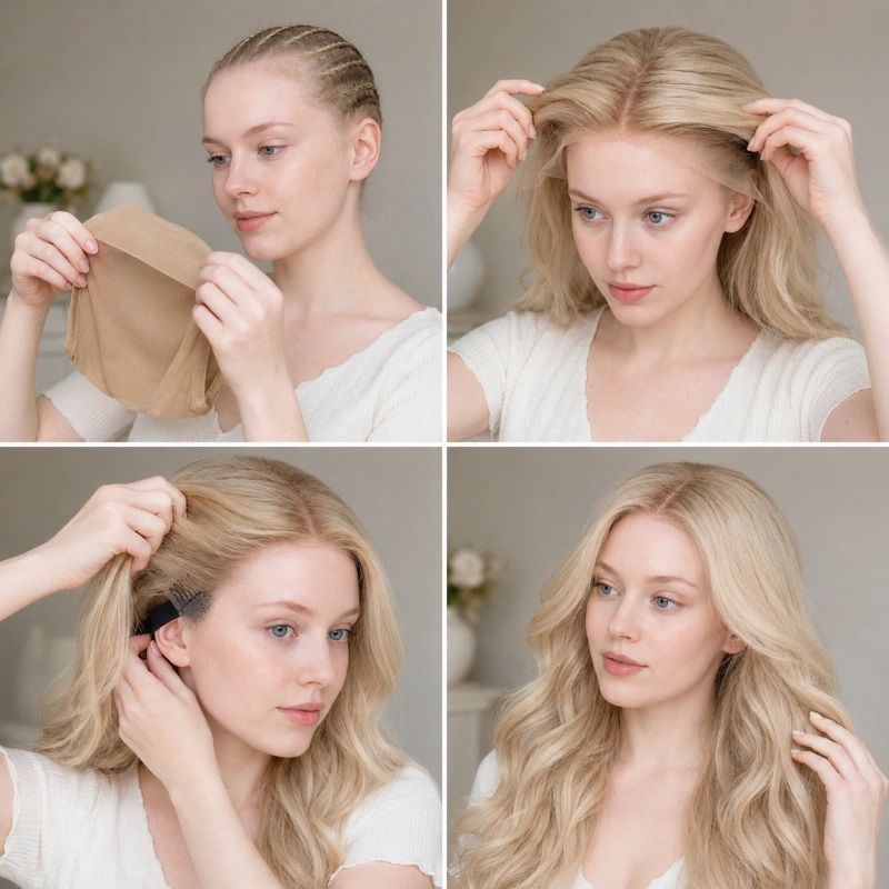 how to put on a glueless lace wig
