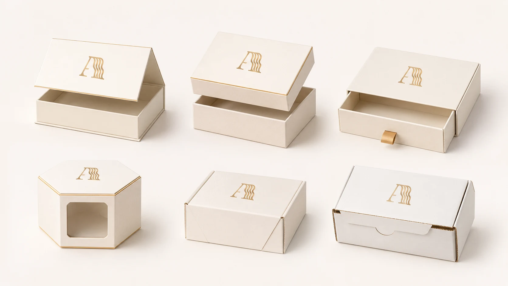 Six Alpha Hair custom hair extension packaging rigid box opening styles shown in a grid — matte white magnetic, lid-and-base, drawer, special-shaped, foldable, and mailer boxes, each carrying the Alpha Hair logo