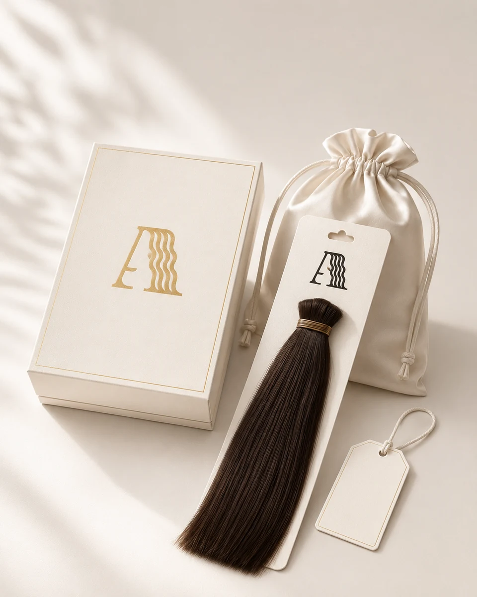Custom branded Alpha Hair packaging showing luxury gift box, silk bag, and printed hair card with a client logo applied