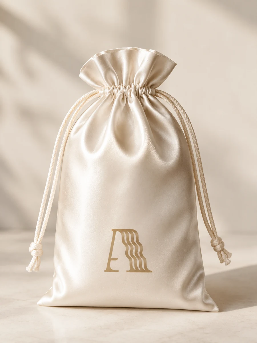 Soft silk pouch bag with gold logo print holding hair extensions for luxury brand presentation