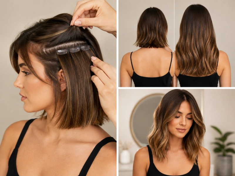 How to Blend Clip-In Hair Extensions With Short Hair 2 before and after blending clip in extensions with a short bob