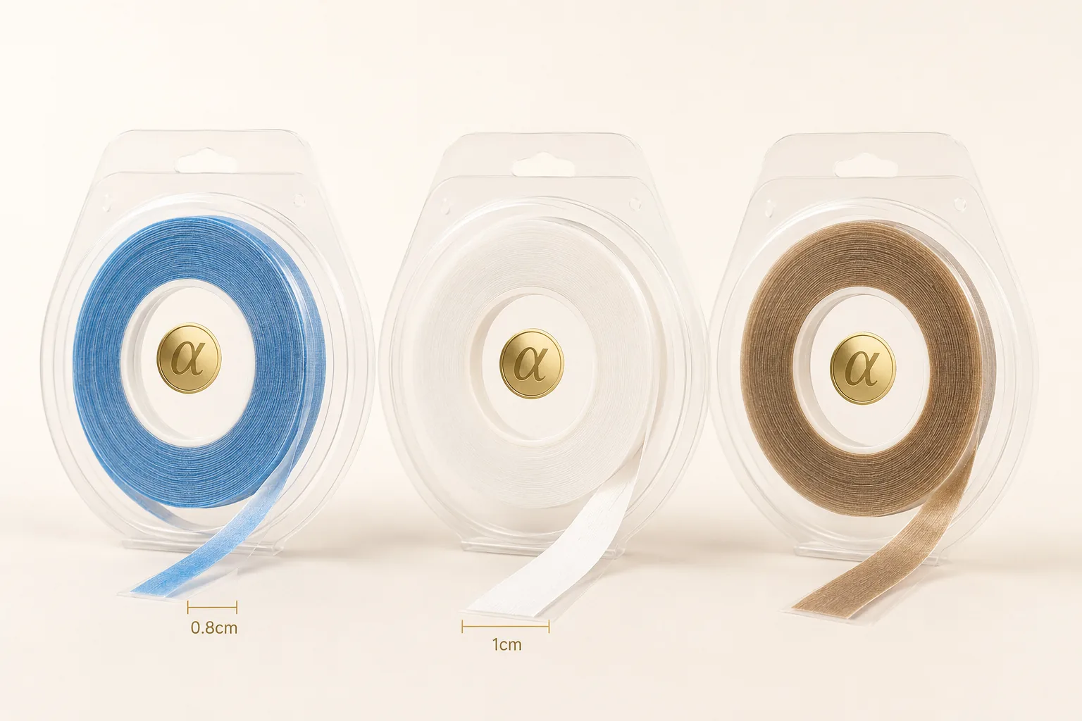 Alpha Hair hair extension tape rolls in blue, white, and brown supplied with plastic shell and logo sticker packaging