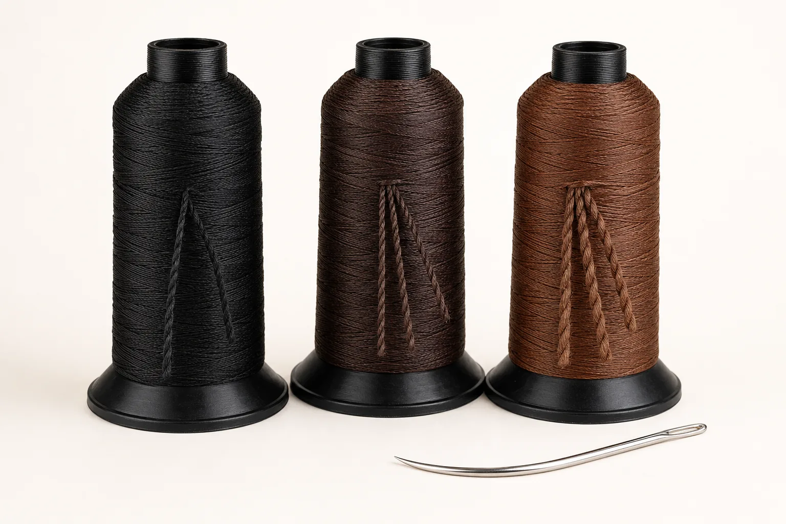 Alpha Hair nylon weft sewing thread in three, six, and nine strand constructions