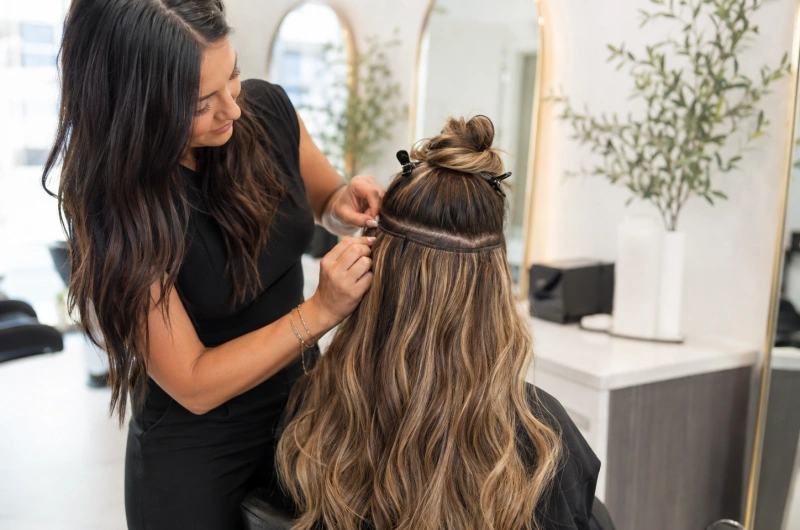 Weft Extensions Maintenance: Complete Care & Aftercare Guide 3 stylist checking a weft row during maintenance