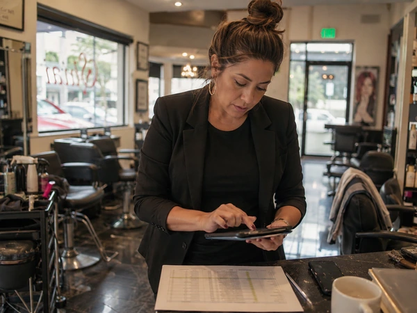wholesale-salons 56 Salon chain owner in Canada checking stock across five locations on a tablet inside the flagship salon