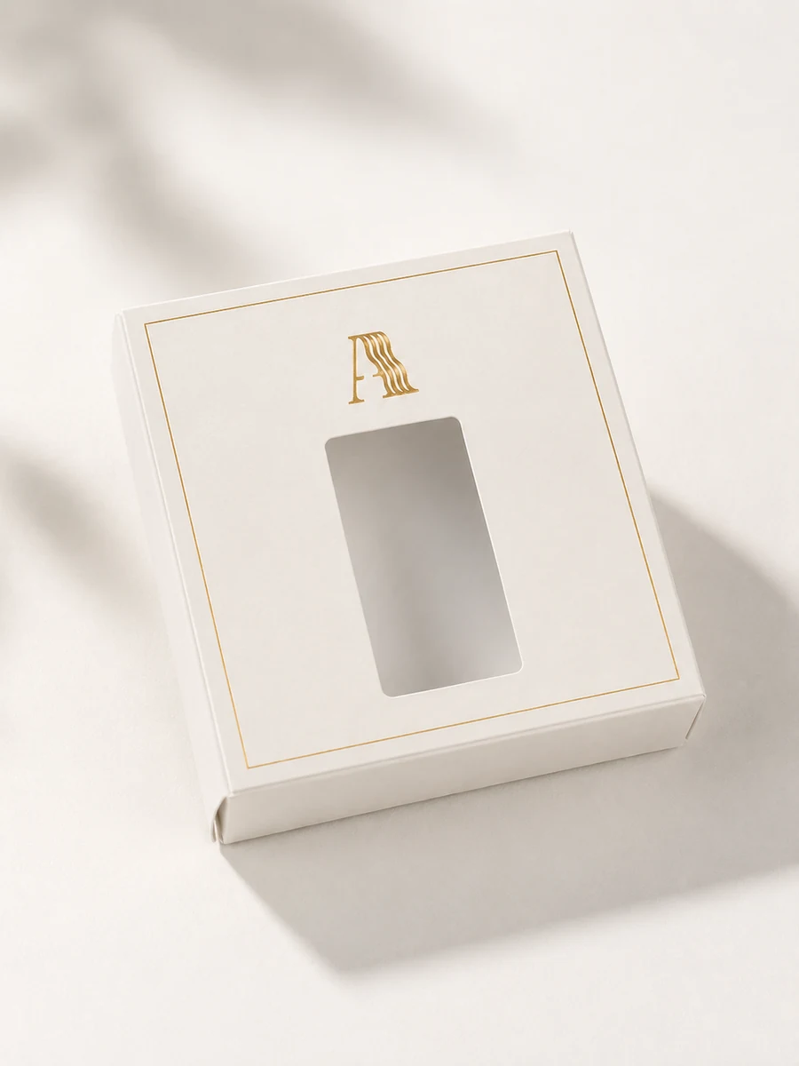 Lightweight white card paper folding box for hair extensions with custom printed branding and an optional lid window