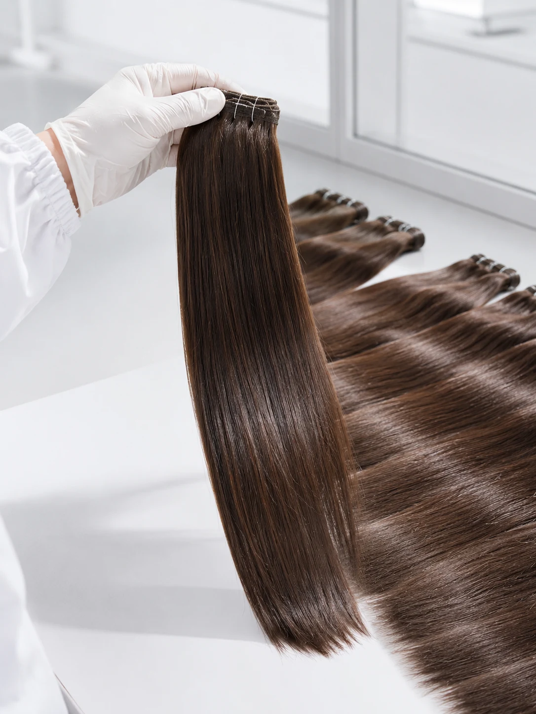 Clean laboratory QC station at Alpha Hair where a gloved technician inspects sleek straight glossy Remy hair for batch consistency under neutral daylight