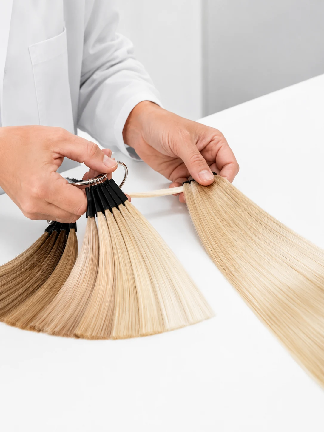 Clean laboratory color-matching station at Alpha Hair comparing a high-lift blonde extension sample against an orderly shade ring under neutral daylight