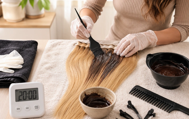 How to Dye Hair Extensions at Home: Step-by-Step Guide 1 woman dyeing blonde hair extensions at home